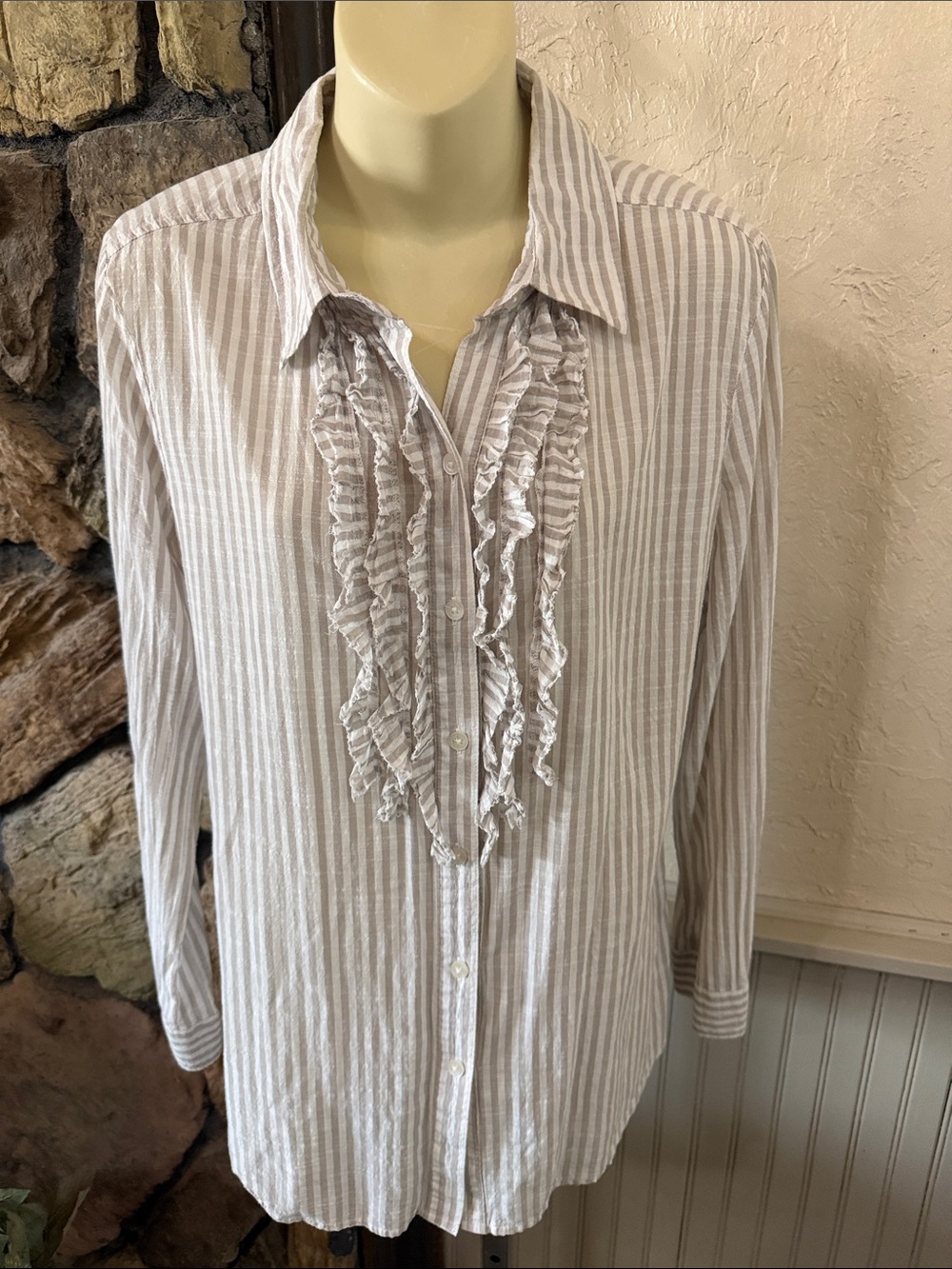 Ruffled Button-Front Women’s Blouse - Light Gray Stripe